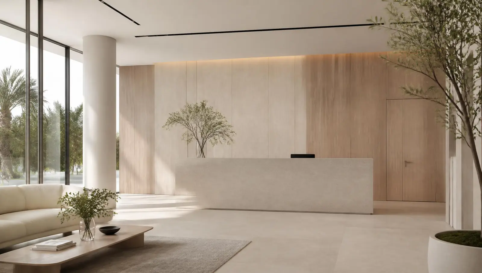 The reception of a minimal, luxury cosmetic dermatology clinic in natural daylight, with oak millwork, white stone and floor-to-ceiling glass.