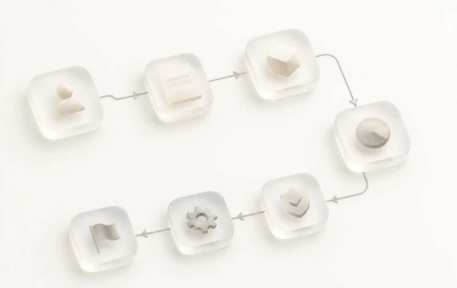 An isometric diagram of seven connected glass nodes representing the patient journey from search through to referral.