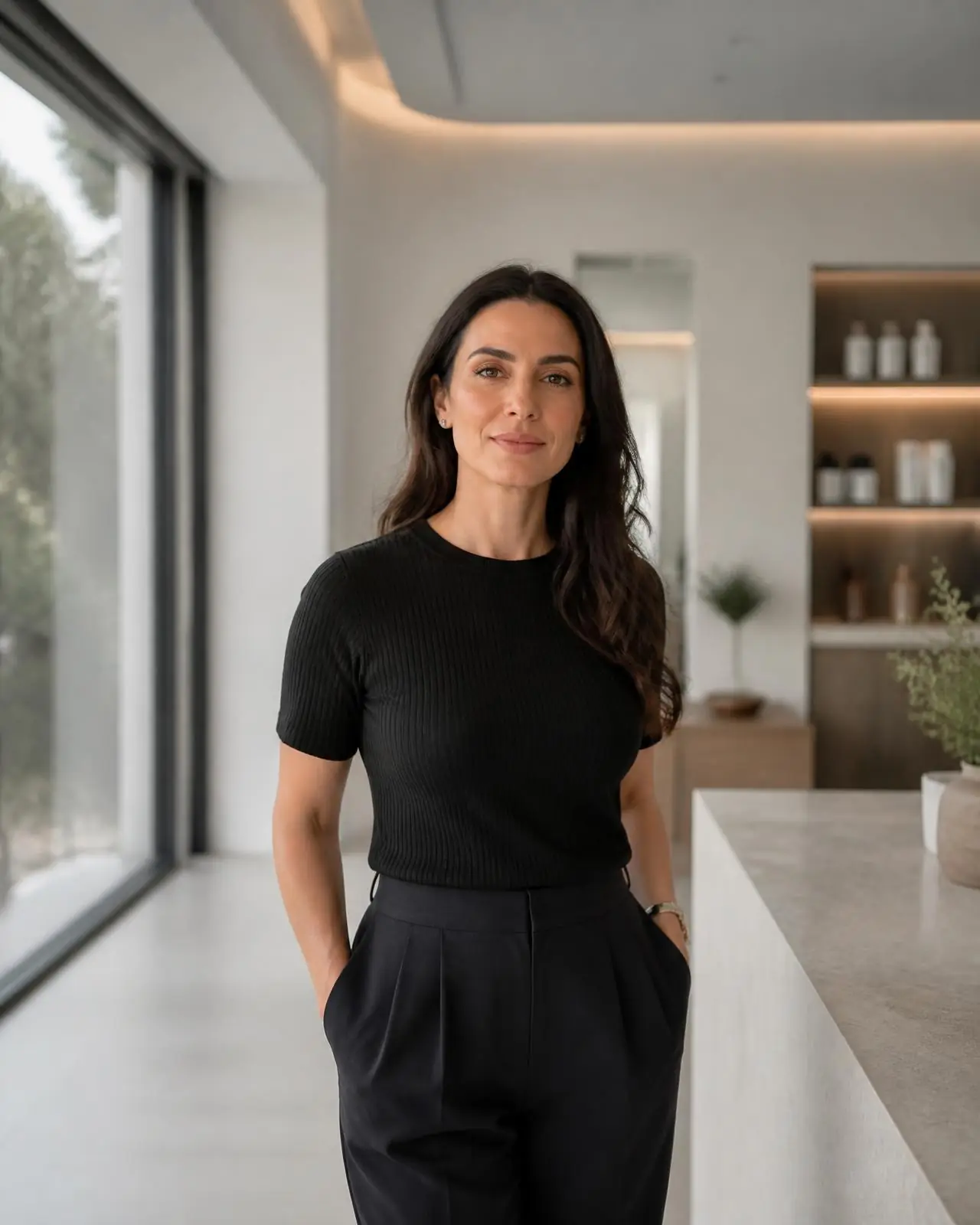 An editorial portrait of a cosmetic dermatologist standing in a modern, daylit clinic interior.